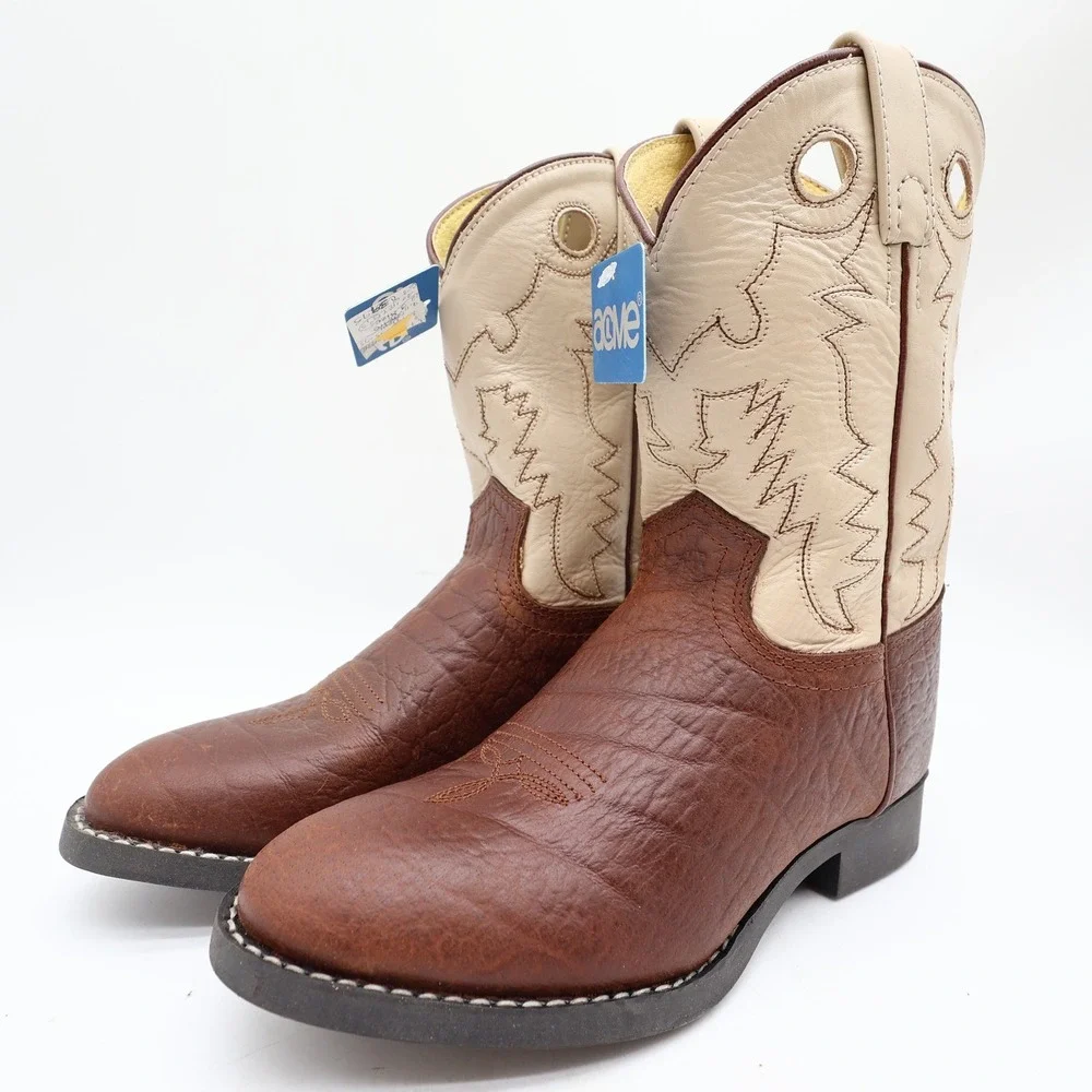 Acme Vintage Cowboy Boots Boys 2 Brown Cream Bullhide Roper NWT Deadstock